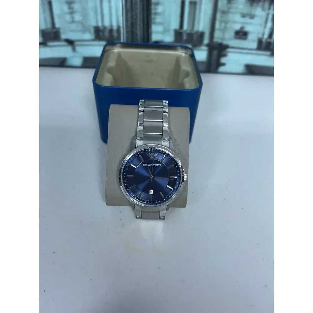 Emporio Armani AR-2477 Men's Watch Navy Blue Dial Rose Gold Silver Steel New